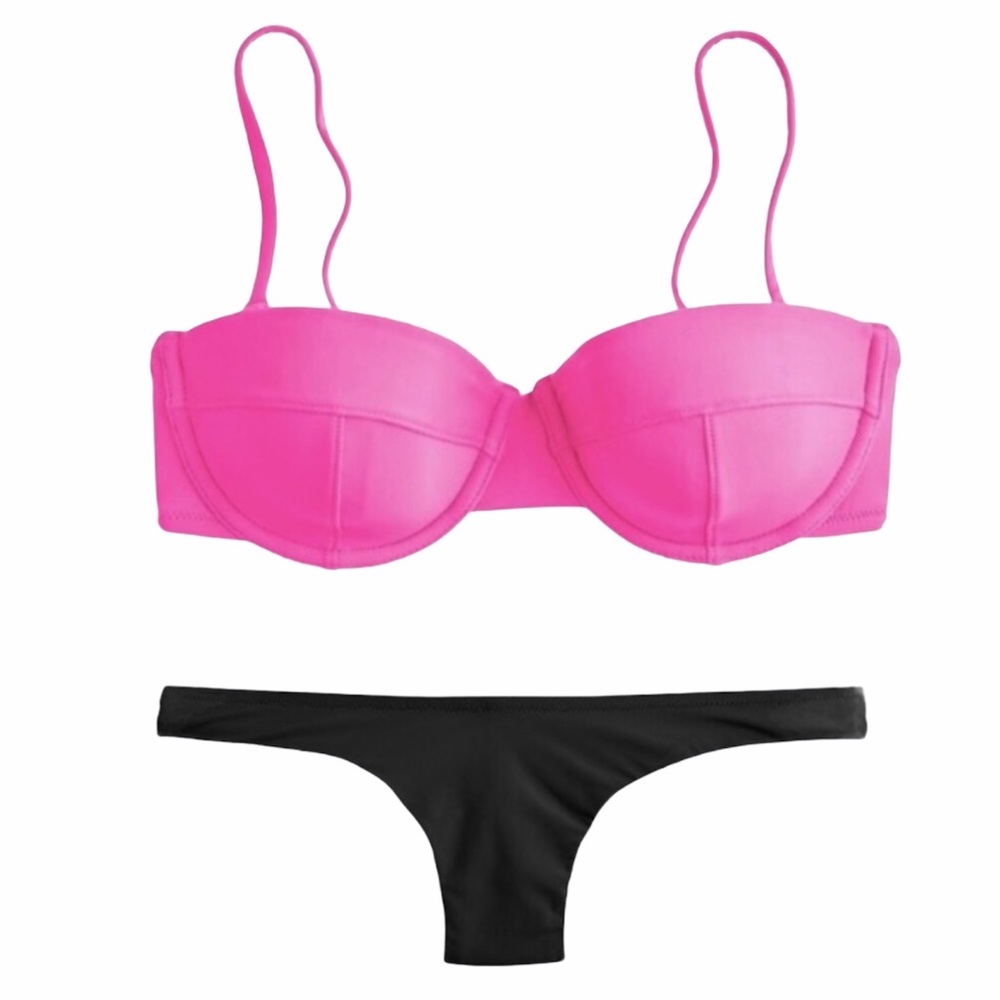 J. Crew Underwire Ruched Lowrider Bikini Intense Pink & Black Size 36C/L NWT